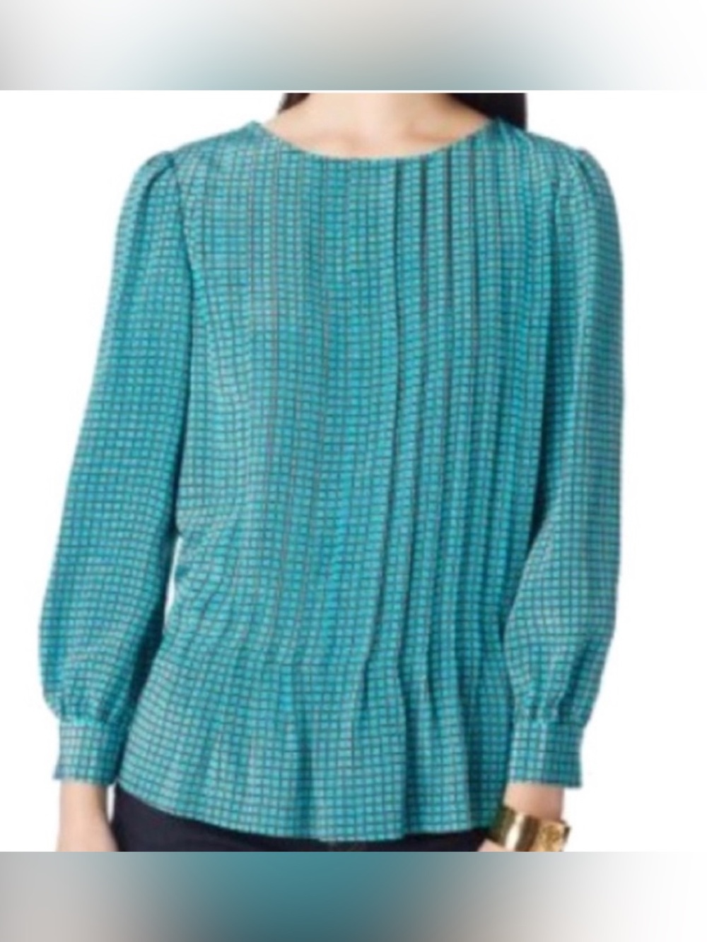 Kate Spade Teal patterned pleated long sleeve blouse